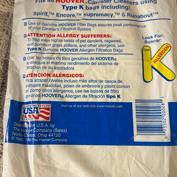 Hoover Type K Package 4010028K Fits all Hoover Canister Cleaners -3 Filter Bags - Picture 6 of 6